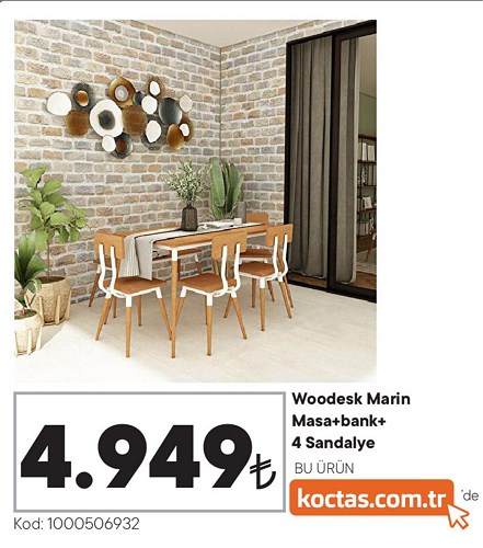Woodesk Marin Masa+Bank+4 Sandalye