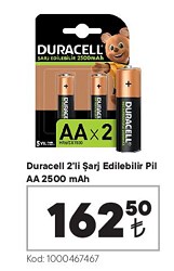 Duracell 2'li Şarj Edilebilir Pil AA 2500 mAh