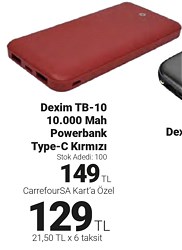 Dexim TB-10 10.000 Mah Powerbank Type-C Kırmızı