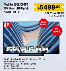 Toshiba 43UL3C63DT 109 Ekran UHD Uydulu Smart Led Tv