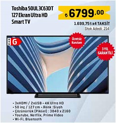 Toshiba 50UL3C63DT 127 Ekran Ultra HD Smart Tv