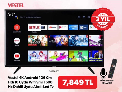 Vestel 4K Android 126 cm Hdr10 Uydu Wifi Smr 1600 Hz Dahili Uydu Alıcılı Led Tv