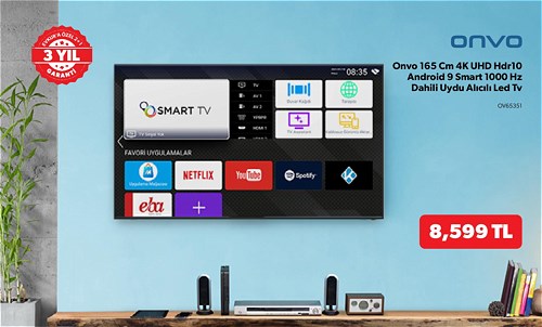 Onvo OV65351 165 Cm 4K UHD Hdr10 Android 9 Smart 1000 Hz Dahili Uydu Alıcılı Led Tv
