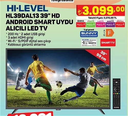 Hi-Level HL39DAL13 39 inç HD Android Smart Uydu Alıcılı Led Tv