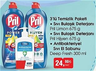 Pril Limon/Hijyen 675 g Sıvı Bulaşık Deterjanı/Deep Fresh Antibakteriyel Sıvı El Sabunu 300 ml 3'lü Temizlik Paketi