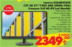 Lenovo 62AAKAT6TK C27-30 27 inç 75 Hz 6MS HDMI-VGA Freesync Full HD IPS Led Monitör