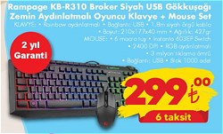 Rampage KB-R310 Broker Siyah USB Gökkuşağı Zemin Aydınlatmalı Oyuncu Klavye+Mouse Set