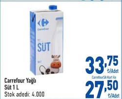 Carrefour Tam Yağlı 1 lt Süt