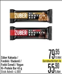 Züber Şeker İlavesiz Kakaolu 45 gr Yüksek Protein Bar