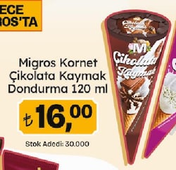 Migros Çikolata & Kaymak Kornet Dondurma 120 ml