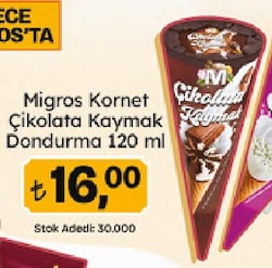 Migros Çikolata & Kaymak Kornet Dondurma 120 ml
