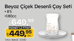 Lav Beyaz Çiçek Desenli Çay Seti 8'li 180 cc