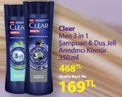 Clear Men 3 in 1 Şampuan&Duş Jeli Arındırıcı Kömür 350 ml
