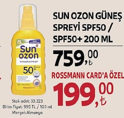 Sun Ozon Klasik 50 Faktör Güneş Spreyi 200 ml