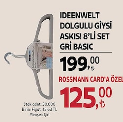 Ideenwelt Giysi Askısı Dolgulu 8'li Gri