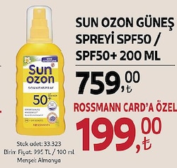 Sun Ozon Klasik 50 Faktör Güneş Spreyi 200 ml