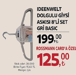 İdeenwelt Dolgulu Giysi Askısı 8'li Set Gri Basic 