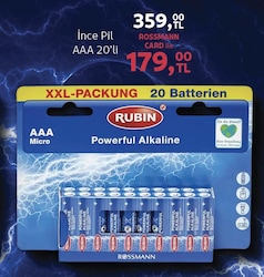 Rubin Alkalin AAA İnce Pil 1,5V 20'li