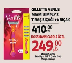Gillette Venus Simply Venus 3 Miami Tıraş Makinesi Gövdesi + 4 Bıçak