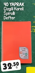 40 Yaprak Çizgili Kareli Spiralli Defter 