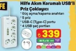 Hilfe Akım Korumalı USB'li Priz Çoklayıcı
