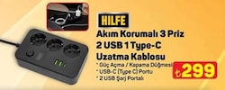 Hilfe Akım Korumalı 3 Priz 2 USB 1 Type-C Uzatma Kablosu