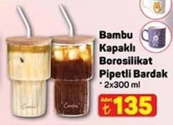 Bambu Kapaklı Borosilikat Pipetli Bardak 2x300 ml