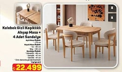 Sweet Home Masa Sandalye Kelebek Gizli Kaşıklıklı Masa 4 Adet Ahşap Nergis Sandalye Takımı Dişbudak