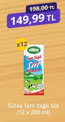 Sütaş Tam Yağlı Süt (12 x 200 ml)