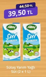 Sütaş Yarım Yağlı Süt 1 lt 2li paket