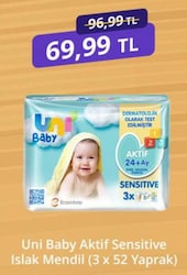 Uni Baby Aktif Sensitive 52 Yaprak 3'lü Paket Islak Mendil