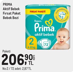 Prima Aktif Bebek Fırsat Paket Bebek Bezi No:2 72 Adet