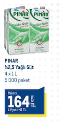 Pınar Tam Yağlı Süt 1 lt 4'lü