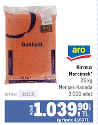 Aro Kırmızı Mercimek 25 kg 