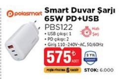Polosmart PBS122 Smart Duvar Şarjlı 65 W PD+USB