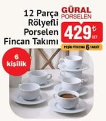 Güral Porselen 12 Parça Rölyefli Porselen Fincan Takımı 6 Kişilik