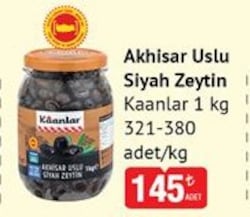 Kaanlar Akhisar Uslu Siyah Zeytin 1 kg 321-380 Adet/kg