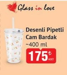 Glass in Love Desenli Pipetli Cam Bardak 400 ml