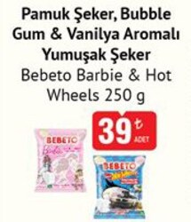 Bebeto Barbie&Hot Wheels Pamuk Şeker/Bubble Gum&Vanilya Aromalı Yumuşak Şeker 250 g