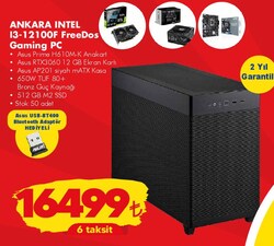 Asus Ankara Intel I3-12100F FreeDos Gaming Pc+USB-BT490 Bluetooth Adaptör Hediyeli