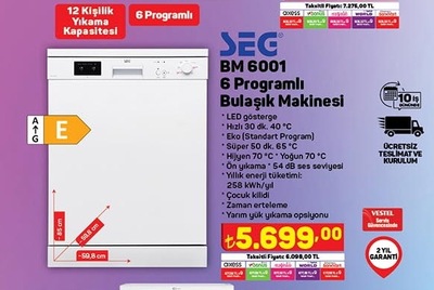 SEG BM 6001 6 Programlı Bulaşık Makinesi 
