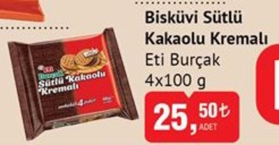Eti Burçak Sütlü Kakaolu Kremalı Bisküvi 4x100 gr