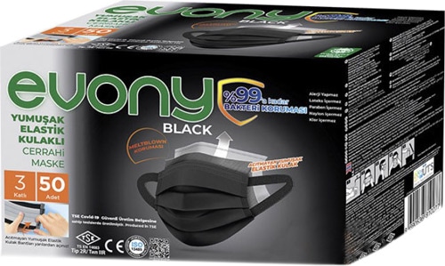 Evony Black 3 Katlı Yumuşak Elastik Kulaklı Siyah 50'li Cerrahi Maske