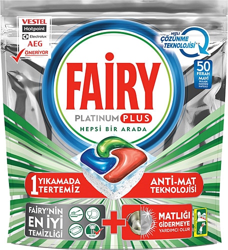 Fairy Platinum Plus Ferah Mavi Hızlı Çözünme 50'li Bulaşık Makinesi Tableti