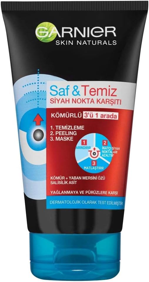 Garnier Saf & Temiz Siyah Nokta Karşıtı 3'ü 1 Arada Kömürlü Peeling 150 ml