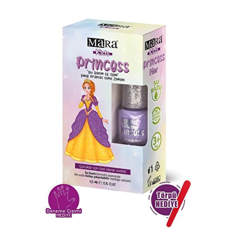 Mara Kids Princess Yıkanabilir Su Bazlı Çocuk Ojesi Mor 4.5 ml Törpü Hediyeli
