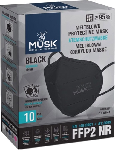 Musk Black FFP2 NR N95 5 Katlı Meltblown Siyah 10'lu Ultrasonik Koruyucu Maske