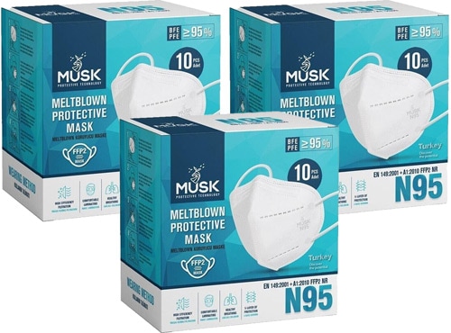 Musk FFP2 N95 NR 5 Katlı Meltblown Beyaz 10'lu 3 Paket Ultrasonik Koruyucu Maske