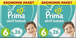 Prima Aktif 6 Numara Extra Large 26'lı 2 Adet Bebek Bezi
