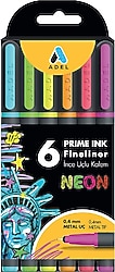 Adel Prime Ink Neon 6'lı İnce Uçlu Fineliner Keçeli Kalem Seti